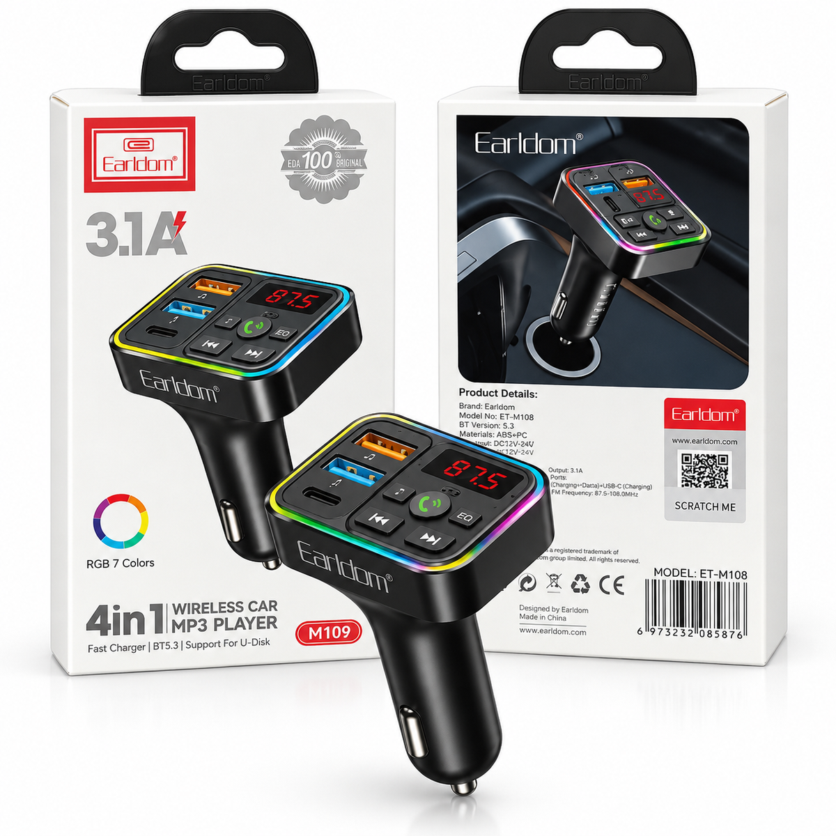 Earldom M109 ET-M108 – Bluetooth FM Transmitter për Makina, MP3 Player, Fast Charger 3.1A me RGB 7 Colors