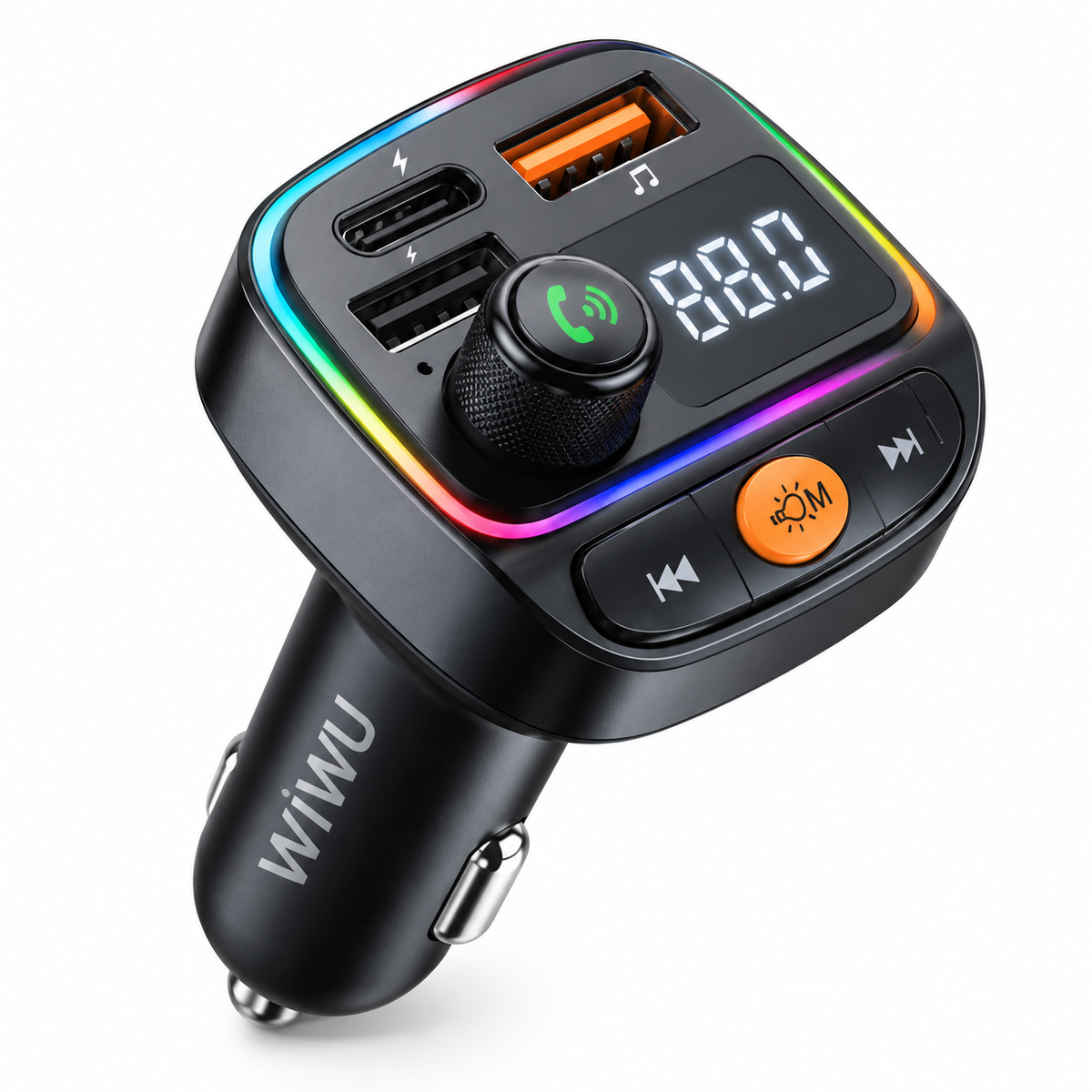 WIWU MP3 Car 20W – Bluetooth FM Transmitter me Karikim të Shpejtë USB-A + USB-C, RGB dhe Hands-Free Calls